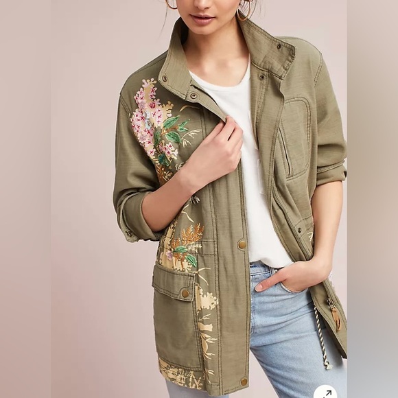 Anthropologie Jackets & Blazers - Anthropologie Embellished Anorak Floral / beaded Jacket, green, size L